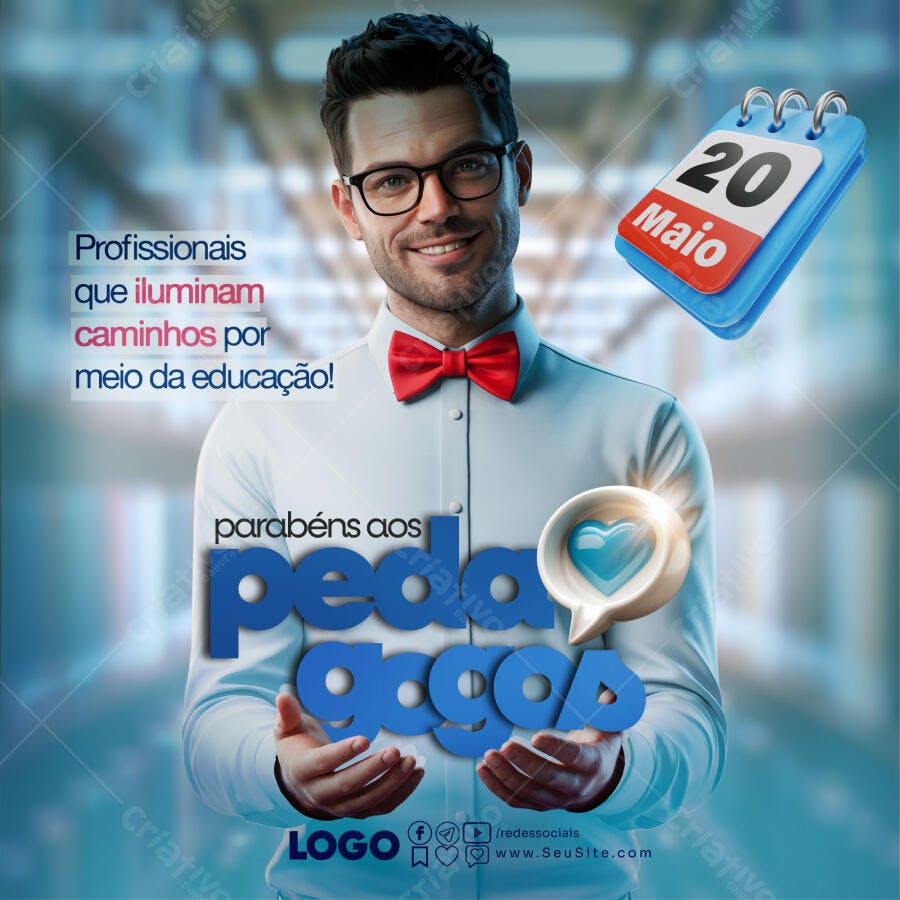 Flyer Digital Dia do Pedagogo 20 de Maio Educação PSD Editável
