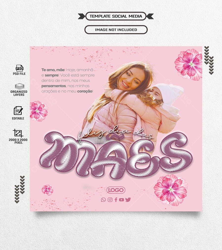 Social Media Dia das Mães Mãe e Filha Abraçadas Rosa PSD Editável