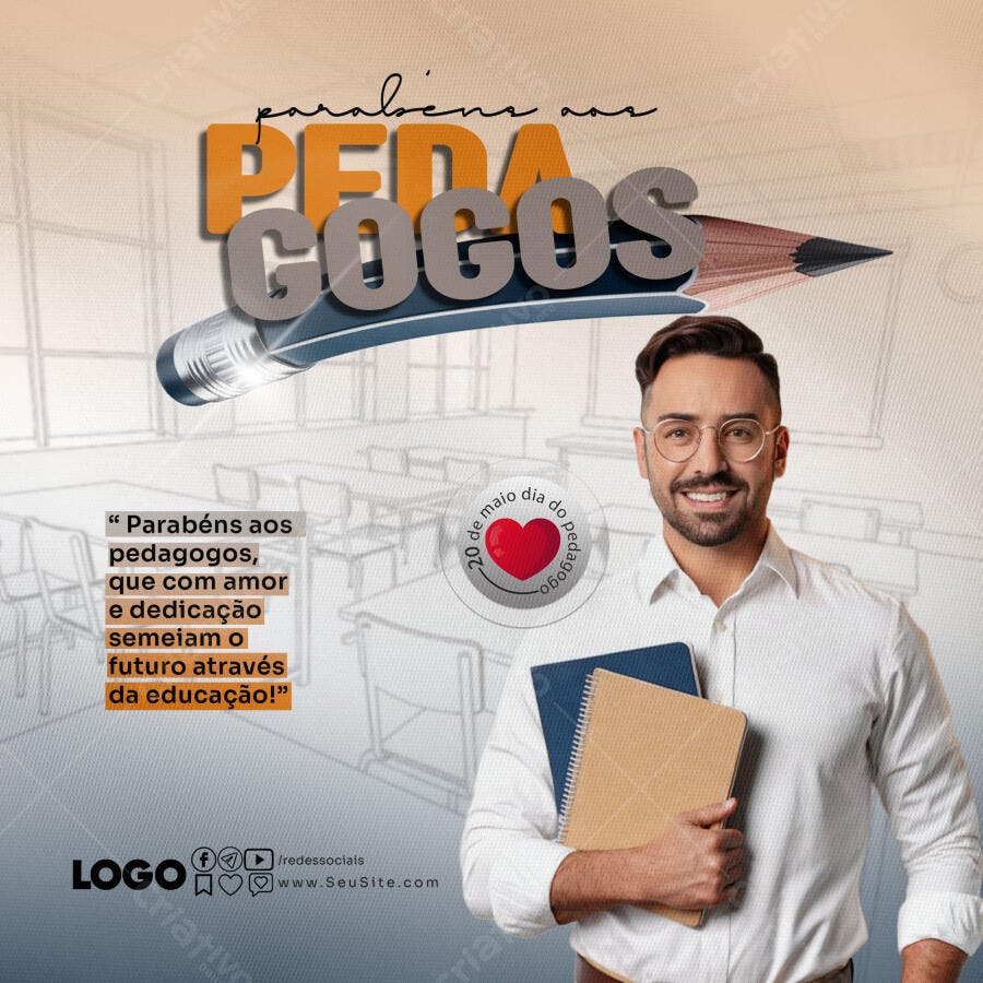 Post para Redes Sociais Dia do Pedagogo com Homem Sorridente e Notebooks PSD Editável