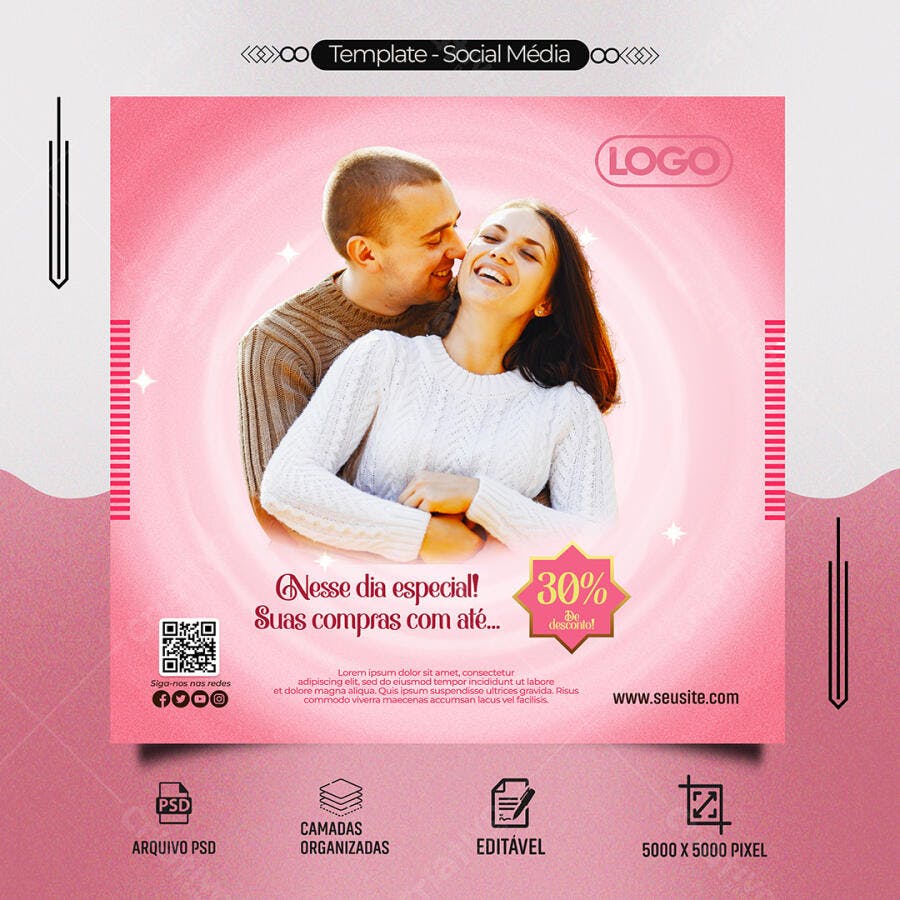 Flyer Social Mídia para Dia Especial Casal 30% Desconto PSD Editável