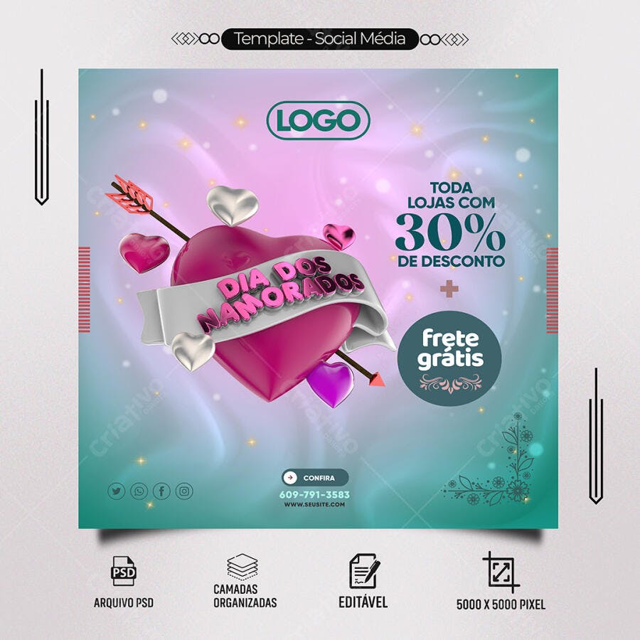 Flyer Dia dos Namorados 30% Desconto Frete Grátis PSD Editável