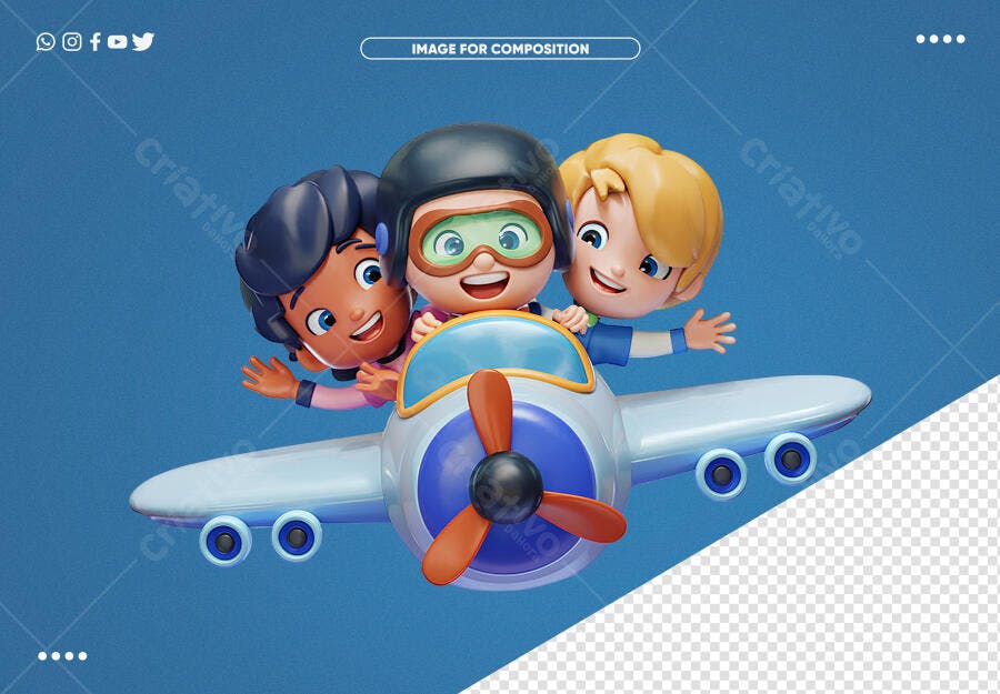 Ilustração 3D Crianças Felizes no Avião Azul PSD Editável