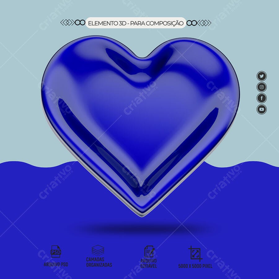 Elemento 3D Coração Azul para Composição PSD Editável