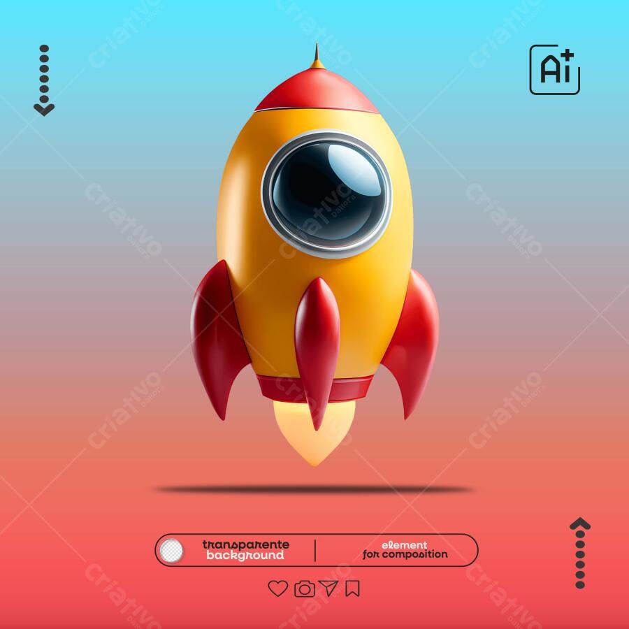 Elemento Gráfico Foguete 3D para Lançamento de Startup PSD Editável