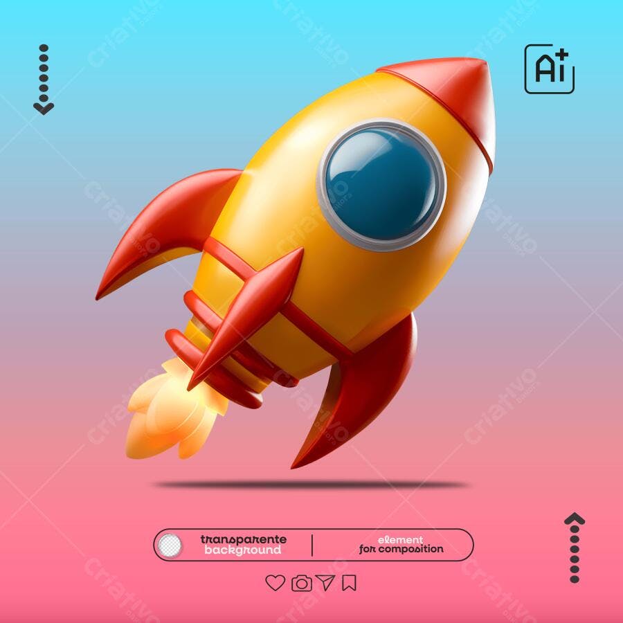 Ilustração 3D Foguete Amarelo para Lançamento de Projeto PSD Editável
