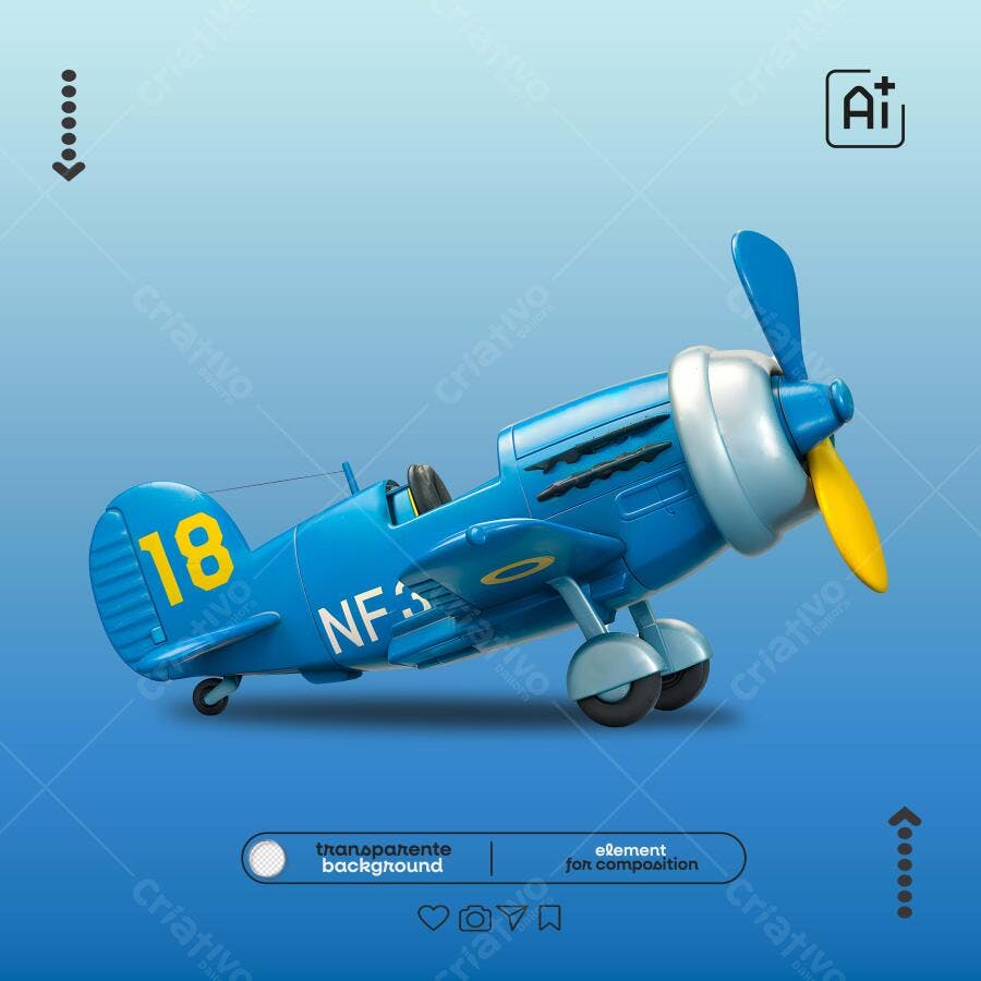 Ilustração 3D Avião Azul Cartoon para Projeto Infantil PSD Editável