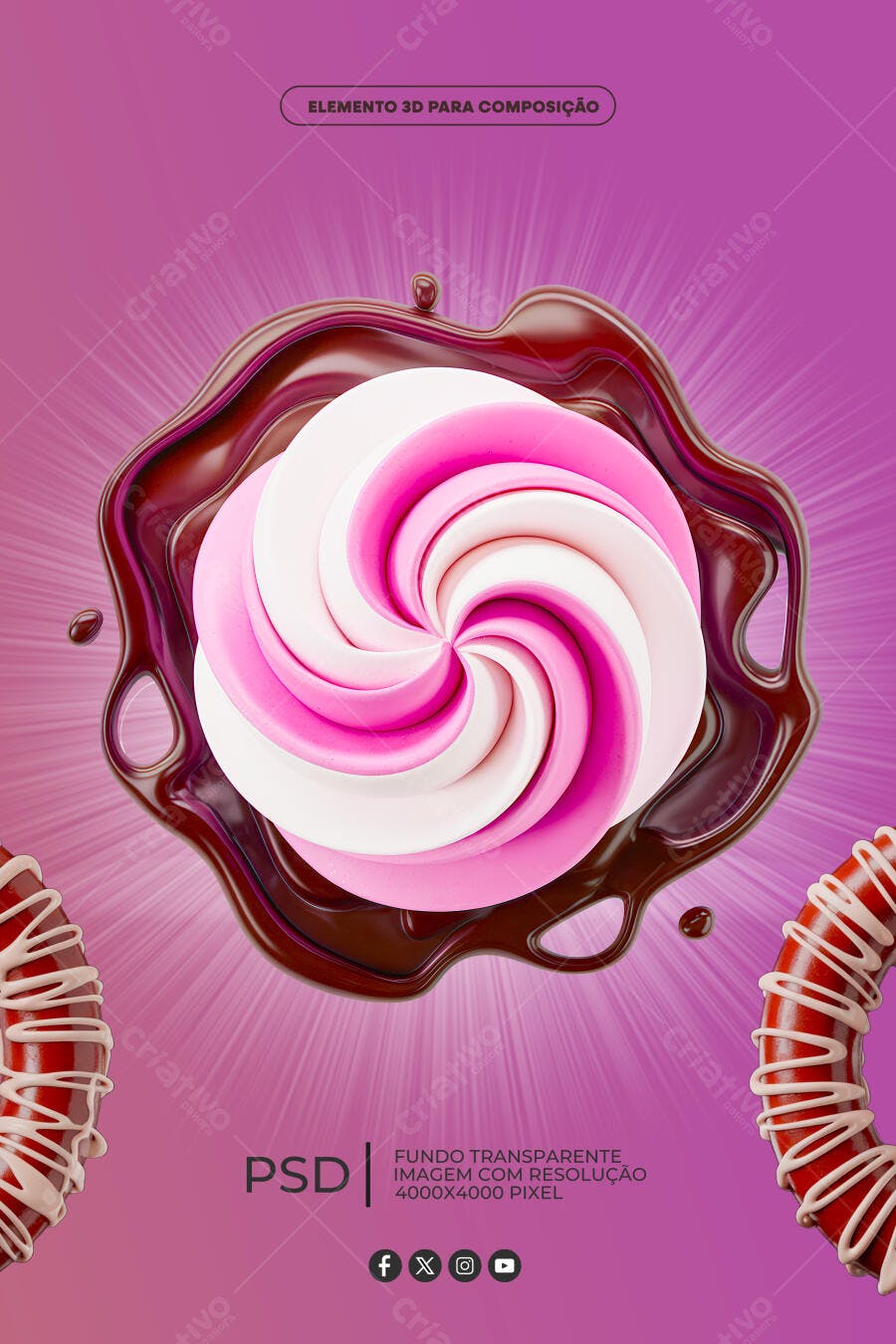 Elemento 3D Espiral Doce Rosa e Chocolate para Confeitaria PSD Editável