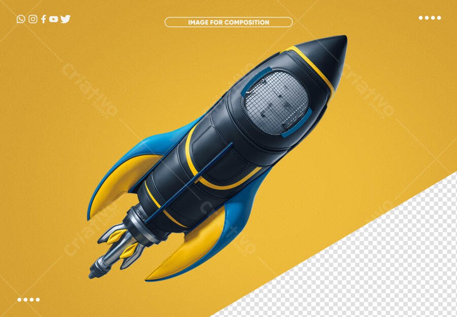 Ilustração 3D Foguete Azul Marinho e Amarelo para Lançamento PSD Editável