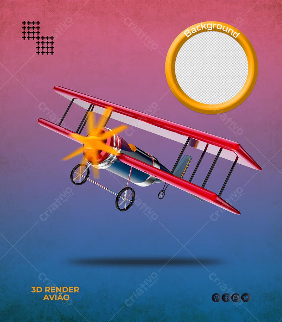 Render 3D Avião Biplano Vermelho Azul para Viagens PSD Editável