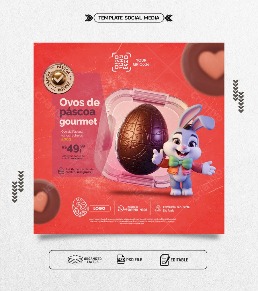Flyer Social Media Ovos de Páscoa Gourmet Coelho Fofo PSD Editável