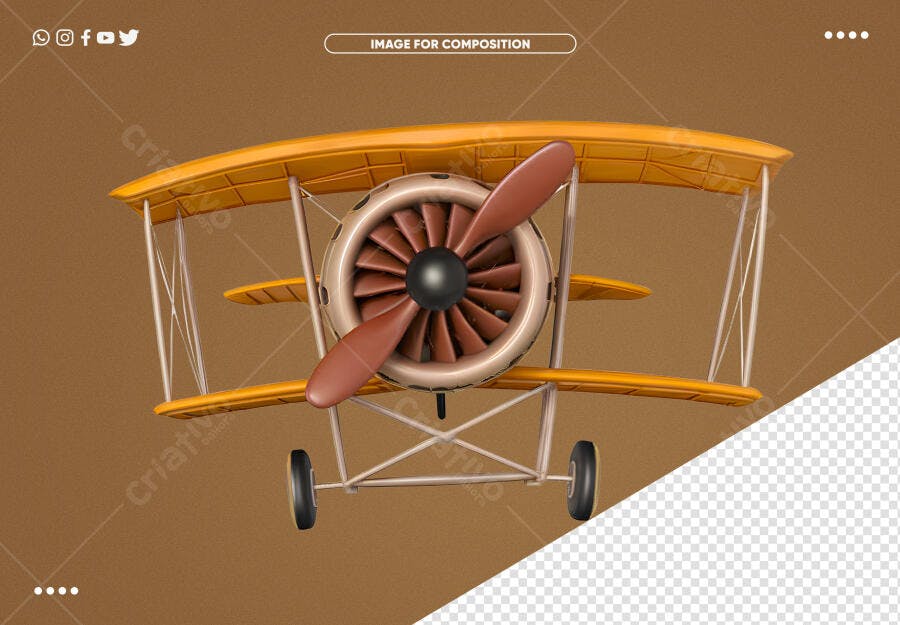 Avião Biplano 3D Amarelo Vintage para Design Gráfico PSD Editável