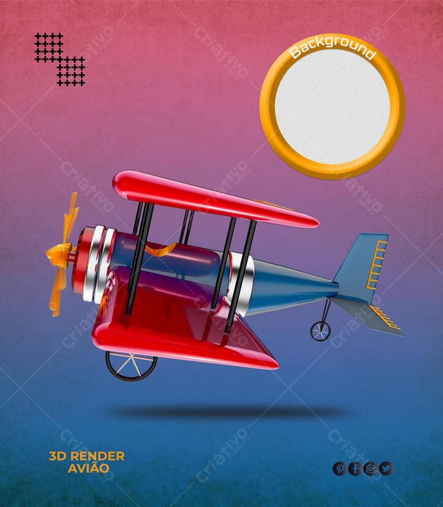 Render 3D de Avião Biplano para Festas Infantis PSD Editável