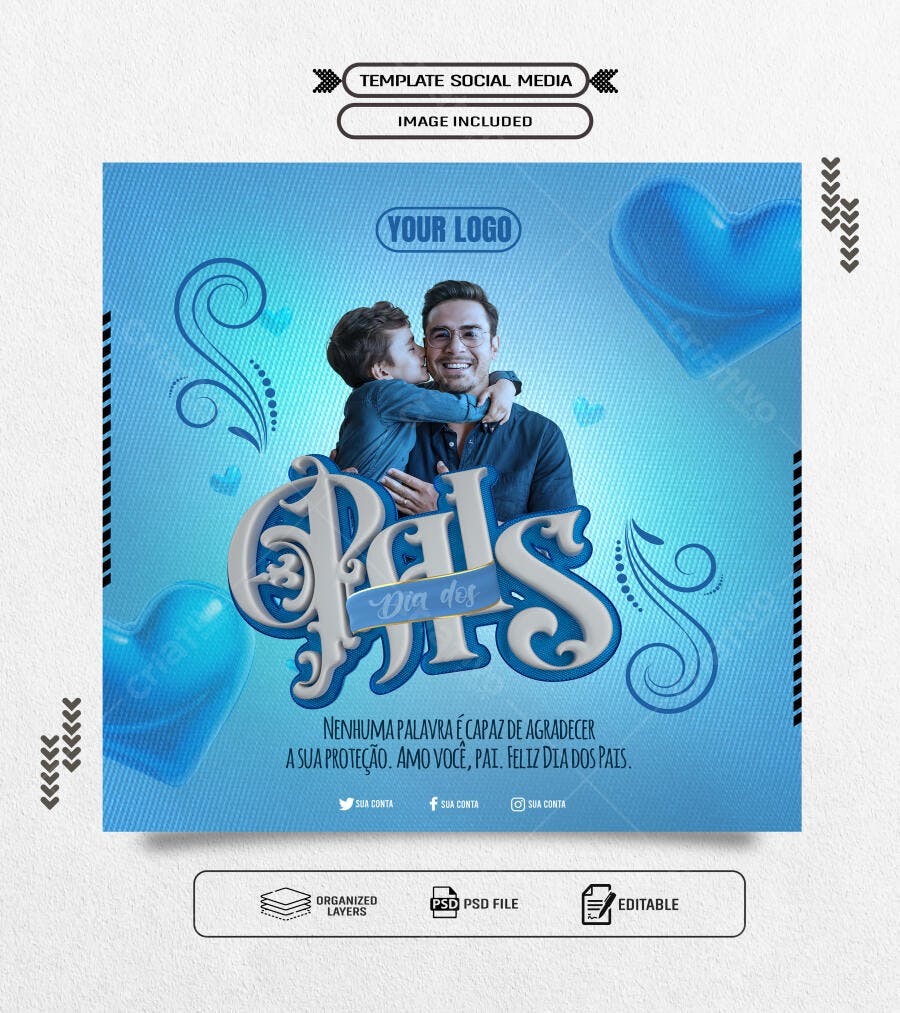 Flyer Dia dos Pais Azul com Pai e Filho PSD Editável