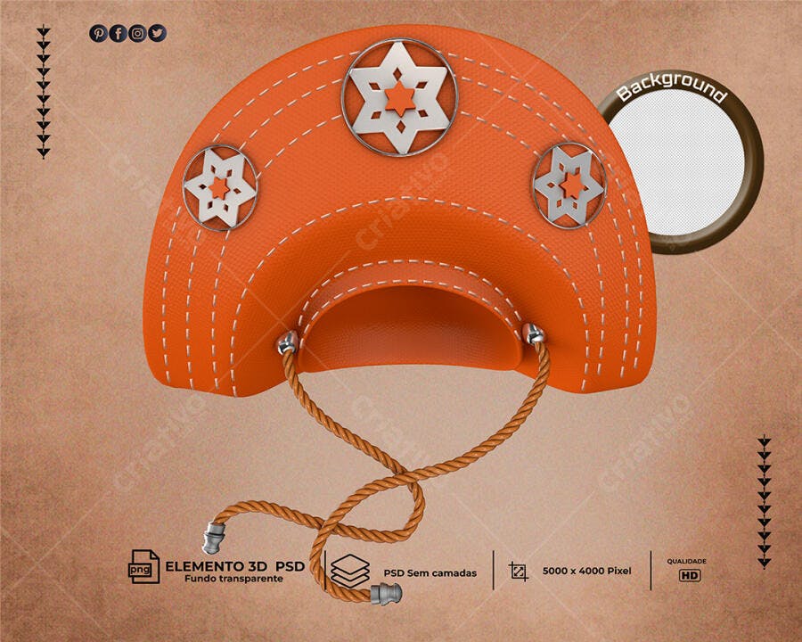 Elemento 3D Chapéu de Couro Nordestino para Flyer Junino PSD Editável