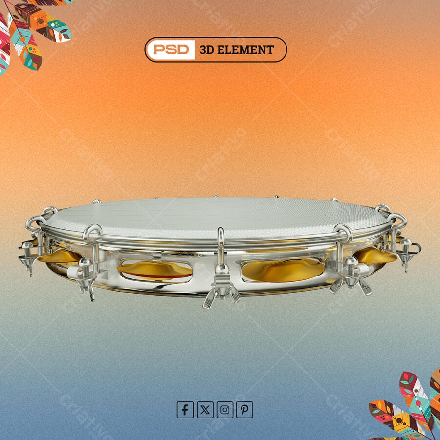 Elemento 3D Pandeiro para Músicos e Festas Brasileiras PSD Editável
