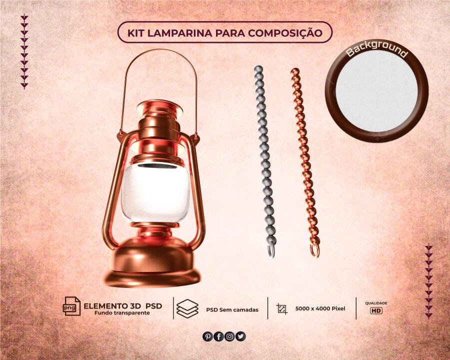 Elemento 3D Lamparina Cobre para Composição PSD Editável