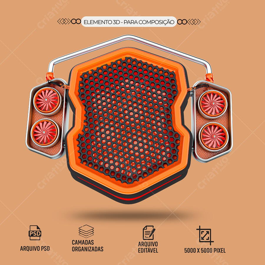 Elemento 3D Hexagonal Laranja Preto para Composição Gráfica PSD Editável