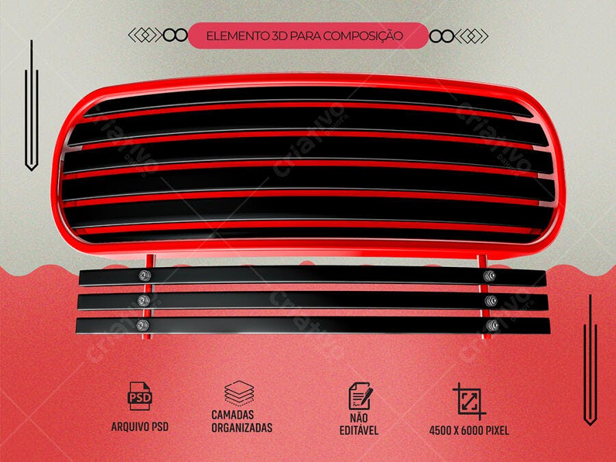 Grade Frontal de Carro 3D Vermelha e Preta para Composição PSD Editável