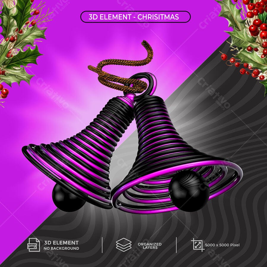 Elemento 3D Natalino Sinos Preto e Pink PSD Editável