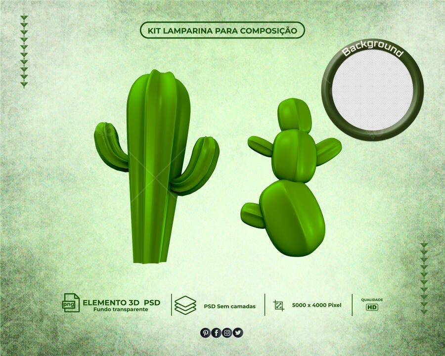 Kit de Cactos 3D Lamparina para Composição PSD Editável