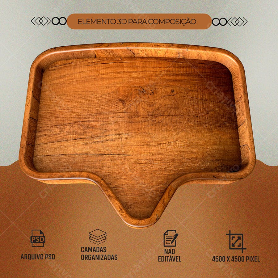 Elemento 3D Bandeja de Madeira para Composições PSD Editável