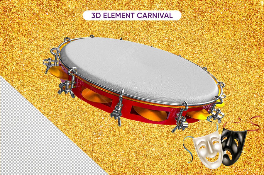 Elemento 3D de Carnaval Pandeiro e Máscaras para Festas PSD Editável
