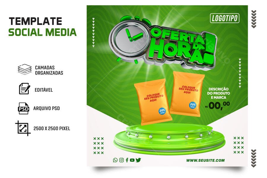 Flyer Digital para Oferta da Hora com Relógio e Desconto PSD Editável