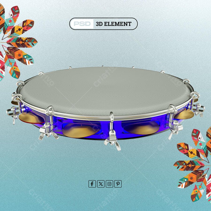 Elemento 3D Pandeiro Azul para Carnaval e Festa Brasileira PSD Editável