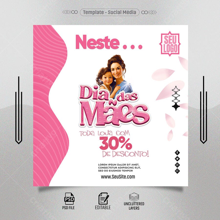 Flyer Dia das Mães Promoção 30% Desconto PSD Editável