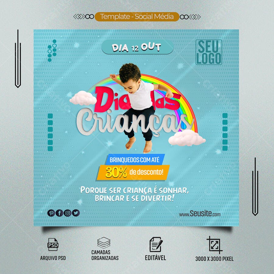 Flyer Dia das Crianças com Menino Saltando PSD Editável