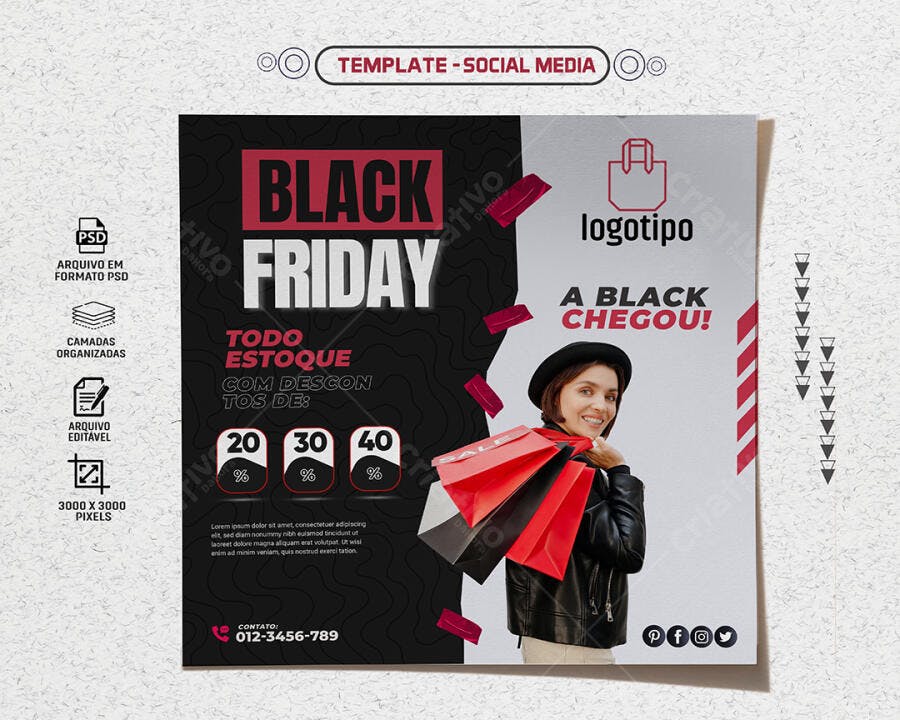Flyer Digital para Black Friday Descontos e Mulher Shopper PSD Editável
