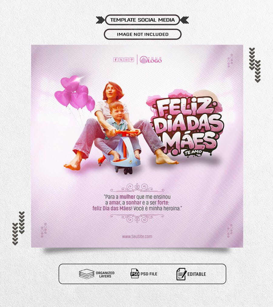 Post para Redes Sociais Feliz Dia das Mães com Mãe e Filho PSD Editável