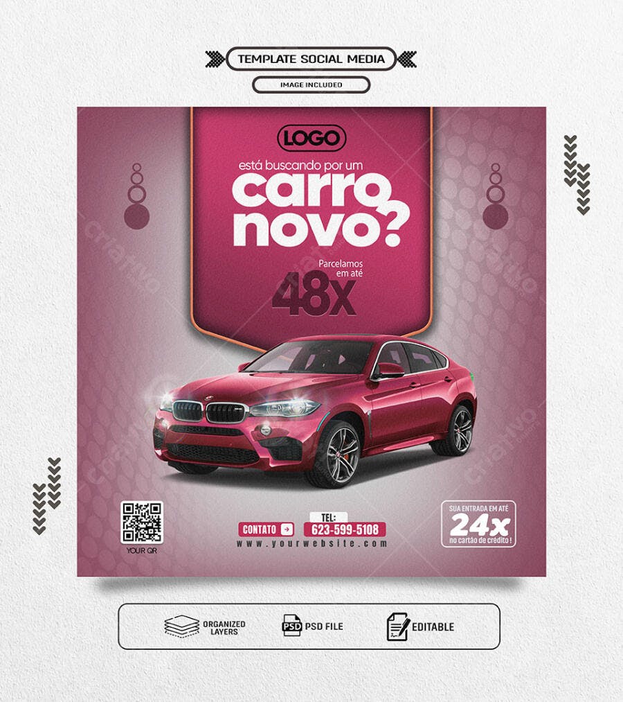 Flyer para Promoção Carro Novo Veículo Vermelho PSD Editável