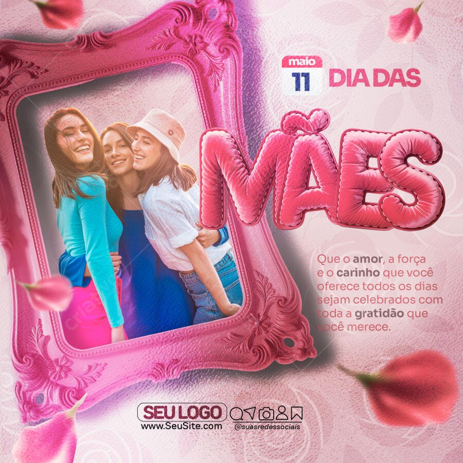 Flyer Dia das Mães com Moldura Rosa e Mulheres Sorrindo PSD Editável