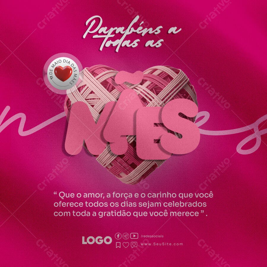 Post Dia das Mães com Coração de Fio Rosa e Texto MÃES PSD Editável