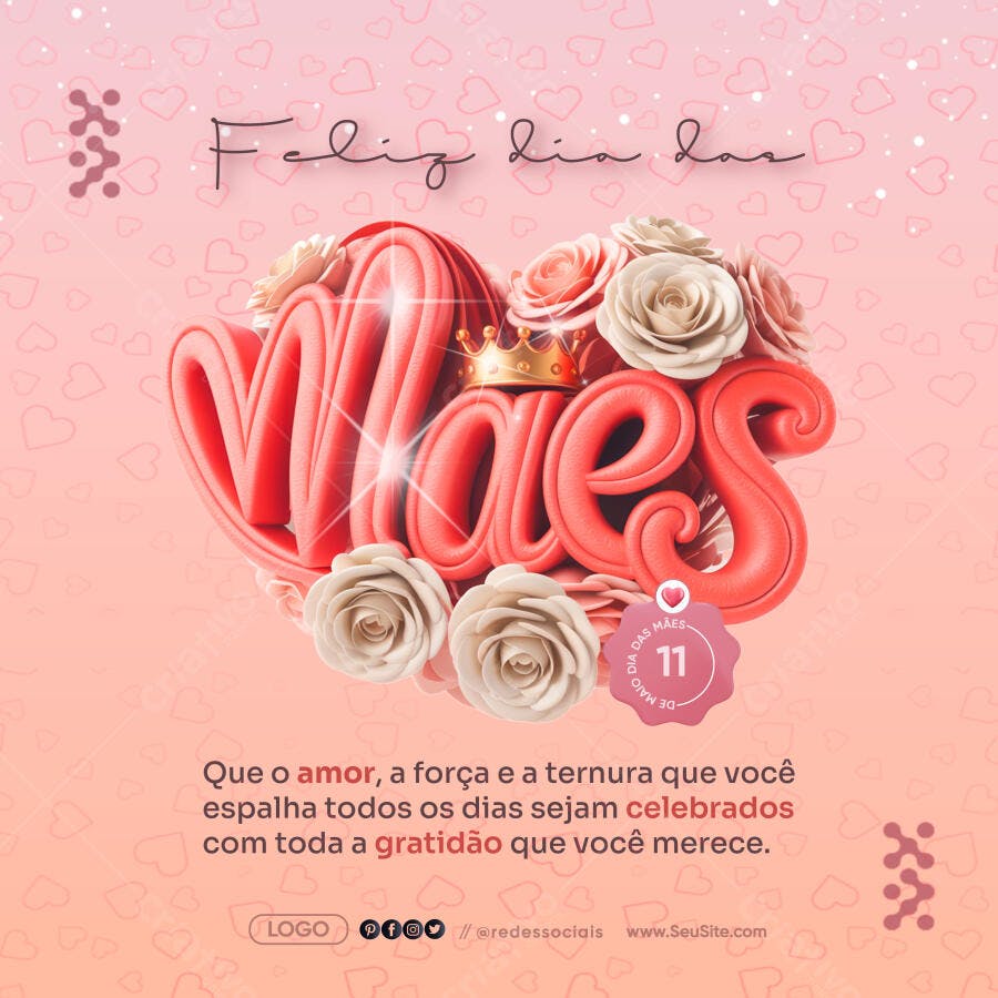 Flyer Dia das Mães com Mães 3D, Rosas e Coroa PSD Editável