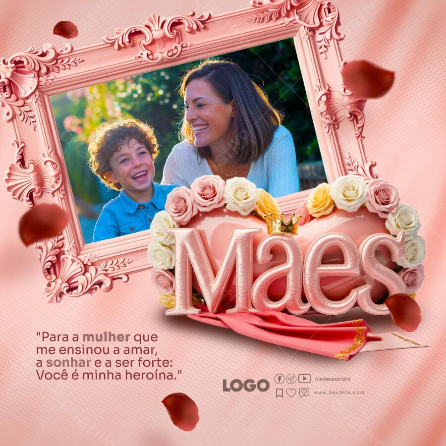 Flyer Dia das Mães Mãe Filho Rosas Coroa Dourada PSD Editável