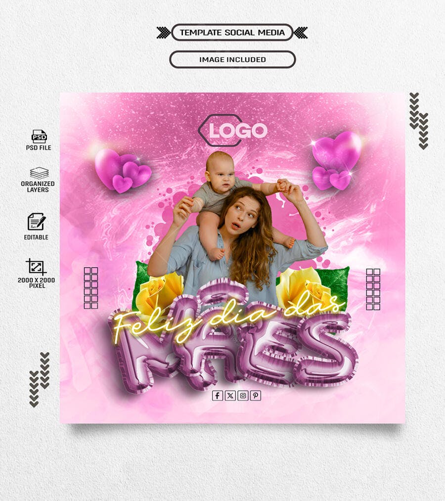 Post Redes Sociais Feliz Dia das Mães Mulher e Bebê Corações PSD Editável