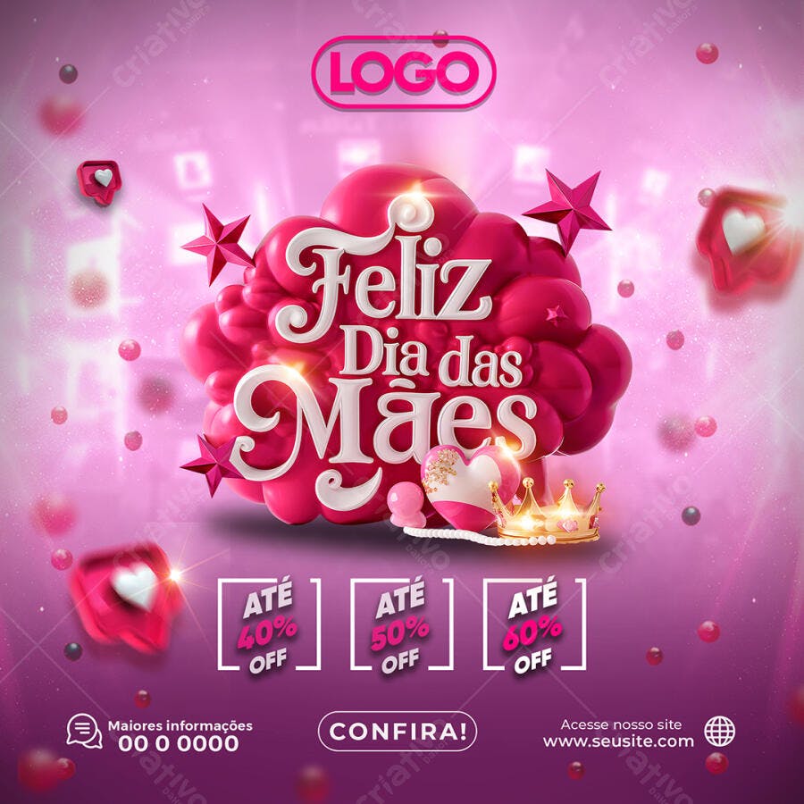 Flyer de Ofertas Dia das Mães Rosa 3D PSD Editável