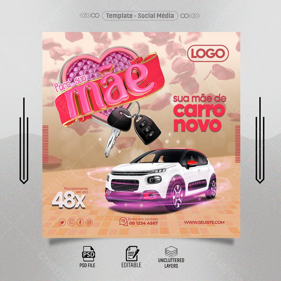Flyer Dia das Mães Sua Mãe de Carro Novo PSD Editável