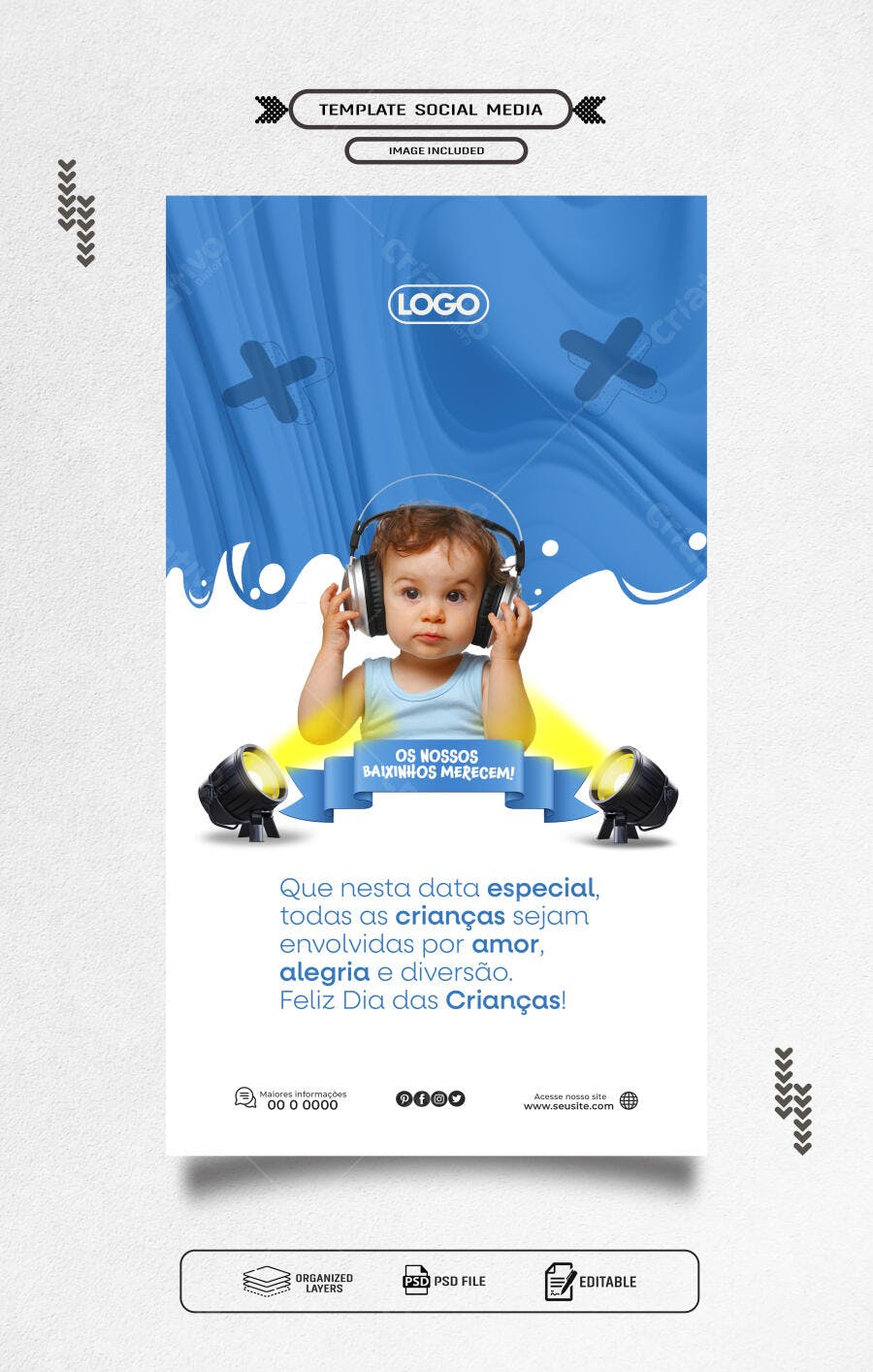 Flyer para Dia das Crianças com Bebê e Fones PSD Editável