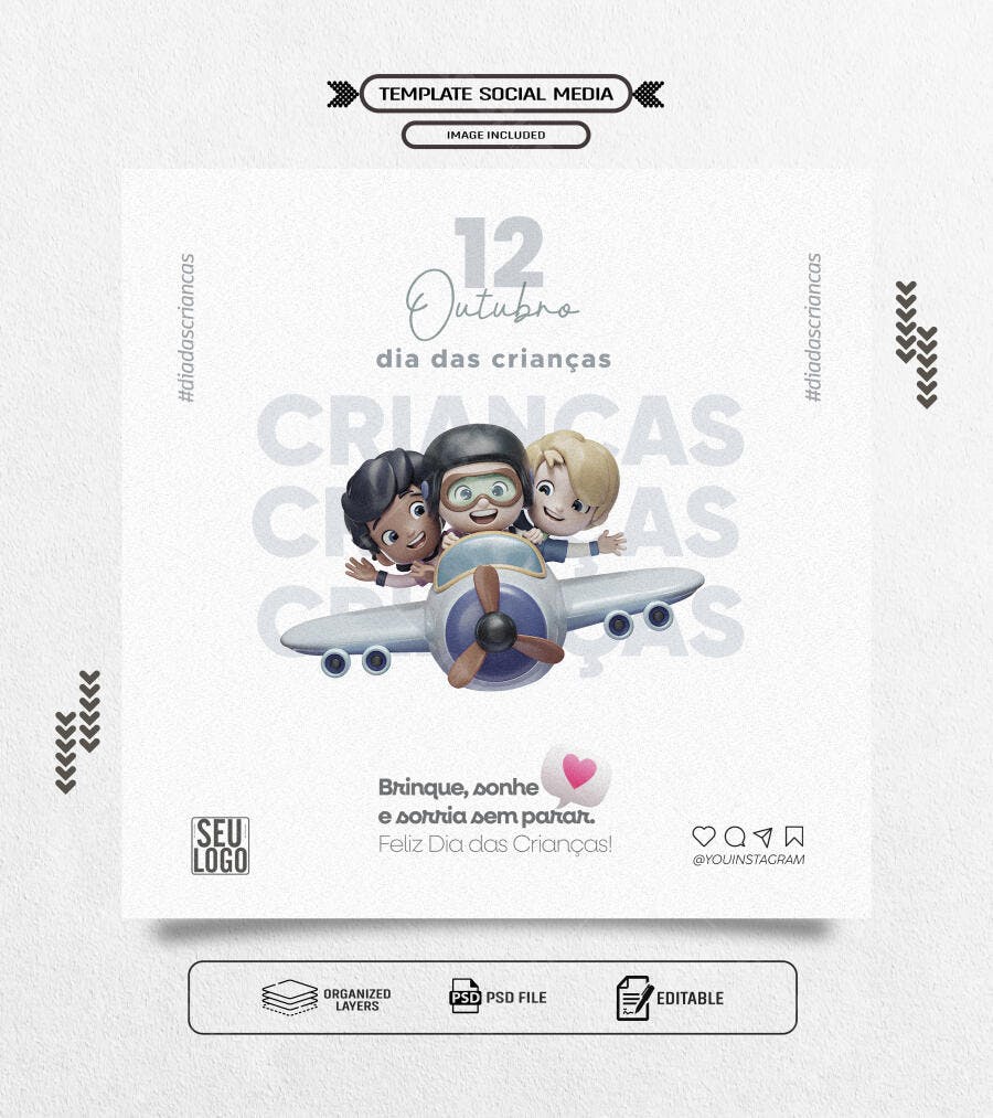 Flyer Dia das Crianças Crianças no Avião 12 Outubro PSD Editável