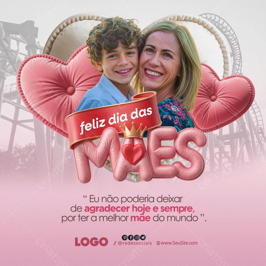 Post Redes Sociais Dia das Mães Mãe e Filho Corações PSD Editável