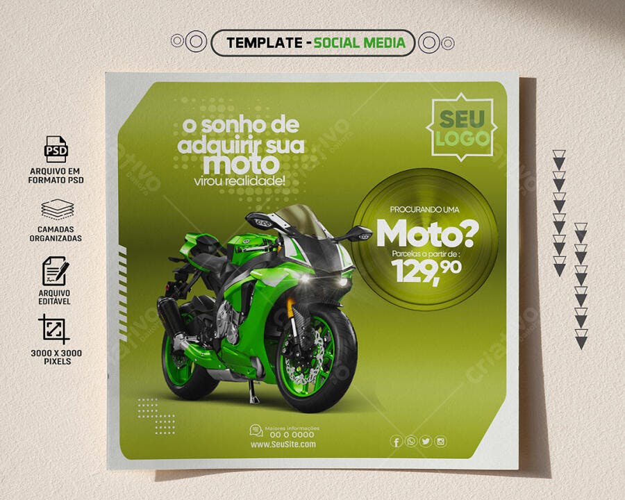 Post Social Media Moto Esportiva Verde Financiamento PSD Editável
