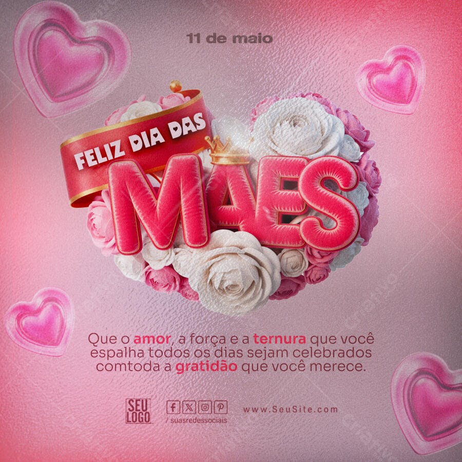 Flyer Dia das Mães com Coroa Dourada e Rosas PSD Editável