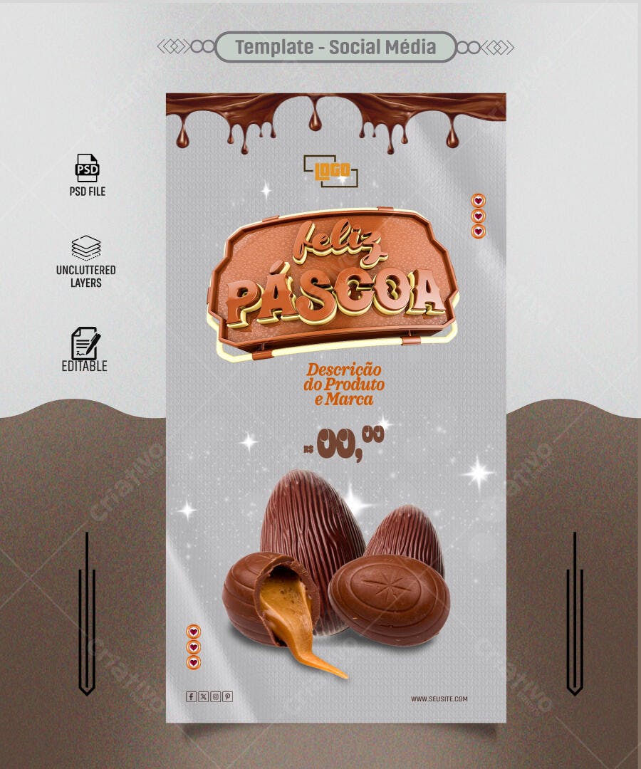 Story de Páscoa com Ovos de Chocolate Recheados Feliz Páscoa PSD Editável