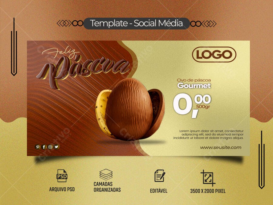Post Redes Sociais para Páscoa com Ovo de Chocolate Gourmet PSD Editável