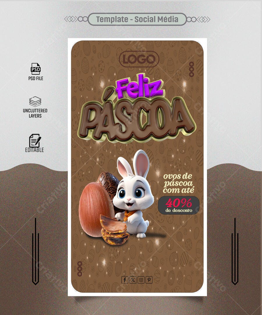 Flyer Feliz Páscoa Coelho e Ovos de Chocolate PSD Editável