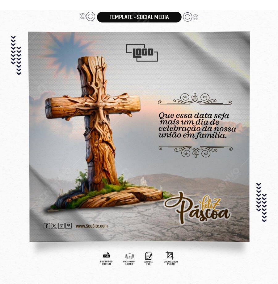 Post Social Media Páscoa Cruz de Madeira Família PSD Editável