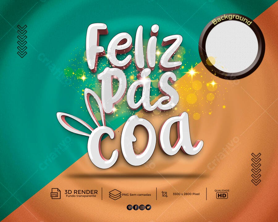 Arte Digital Feliz Páscoa com Orelhas de Coelhinho 3D PSD Editável